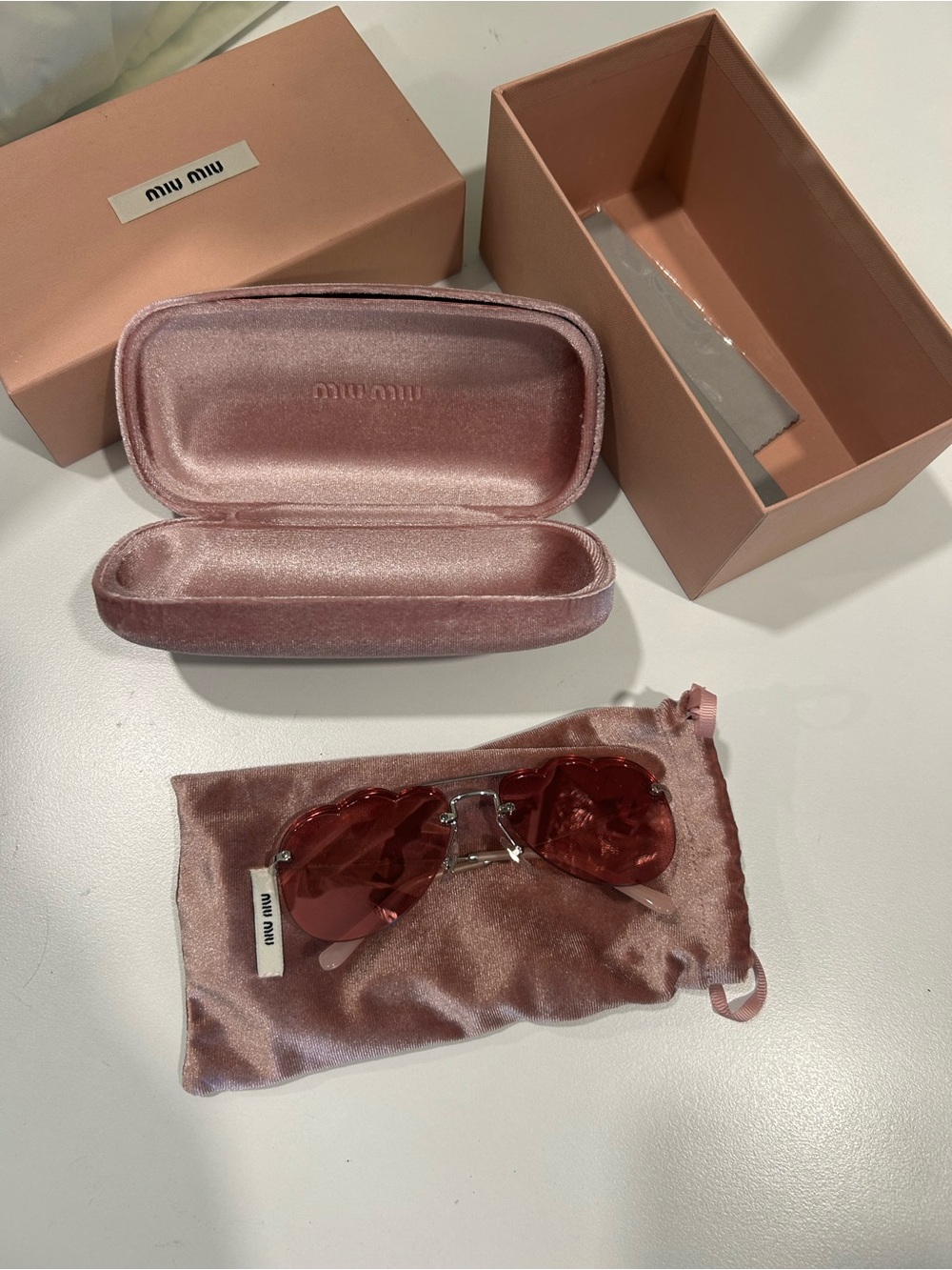 Miu Miu Pink Heart-Shaped Sunglasses with Velvet Case & Pouch